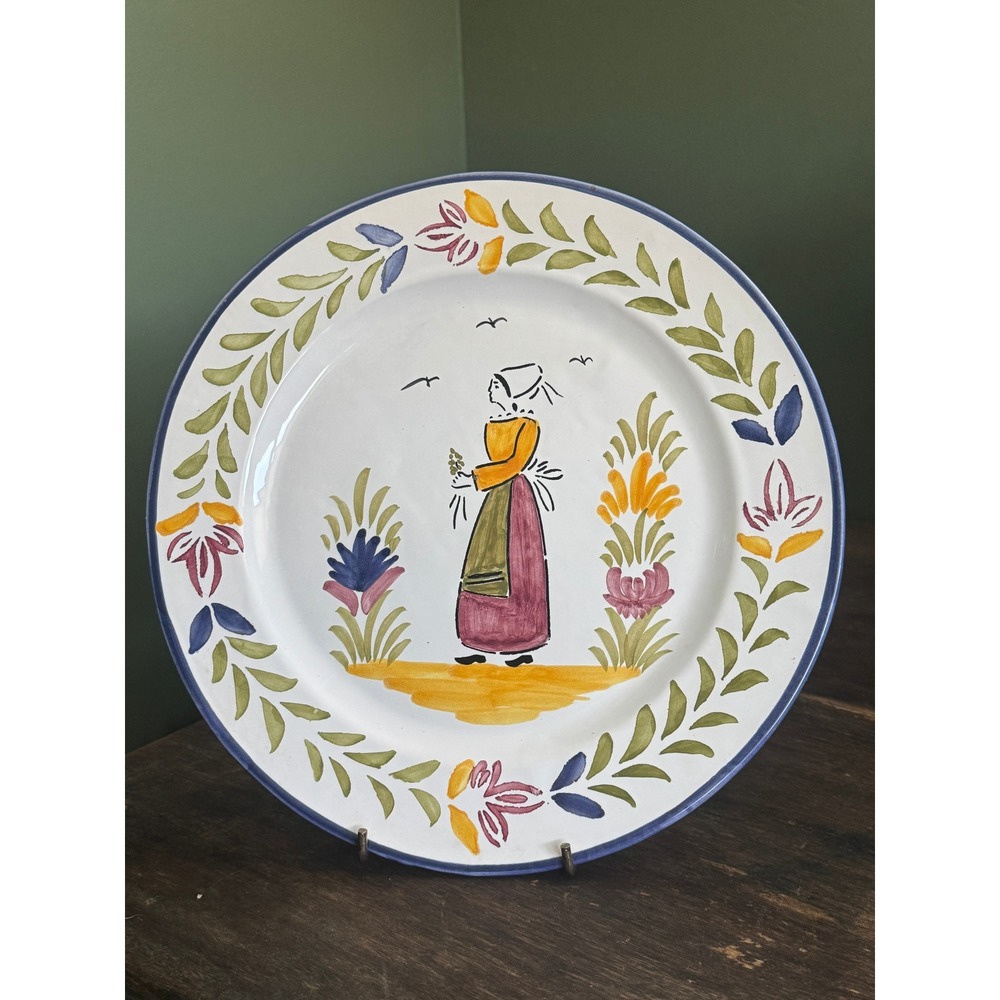Vintage Hand Painted Portugal Folk Art Ceramic Plate Woman Floral Border 10 Inch